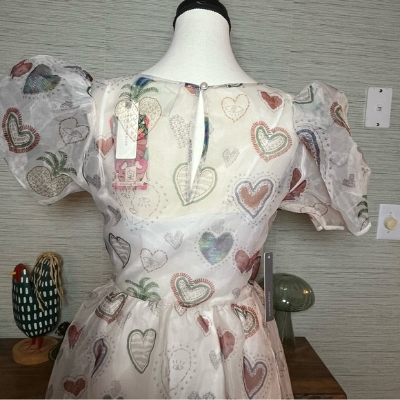 Farm Rio X Anthropologie Semi Sheer Puff Sleeve Mini Dress NWT Size XS Hearts - Picture 6 of 9